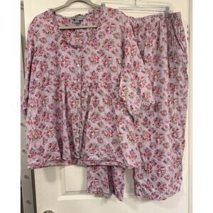 April Cornell Pajama Set Sz 1X Purple Rose Floral Ruffle Empire 100% Cotton EUC